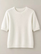 White round-neck short-sleeve sweater with ribbed hem and sleeves