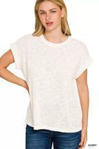 Ivory textured crew-neck tee with rolled short sleeves, draped front