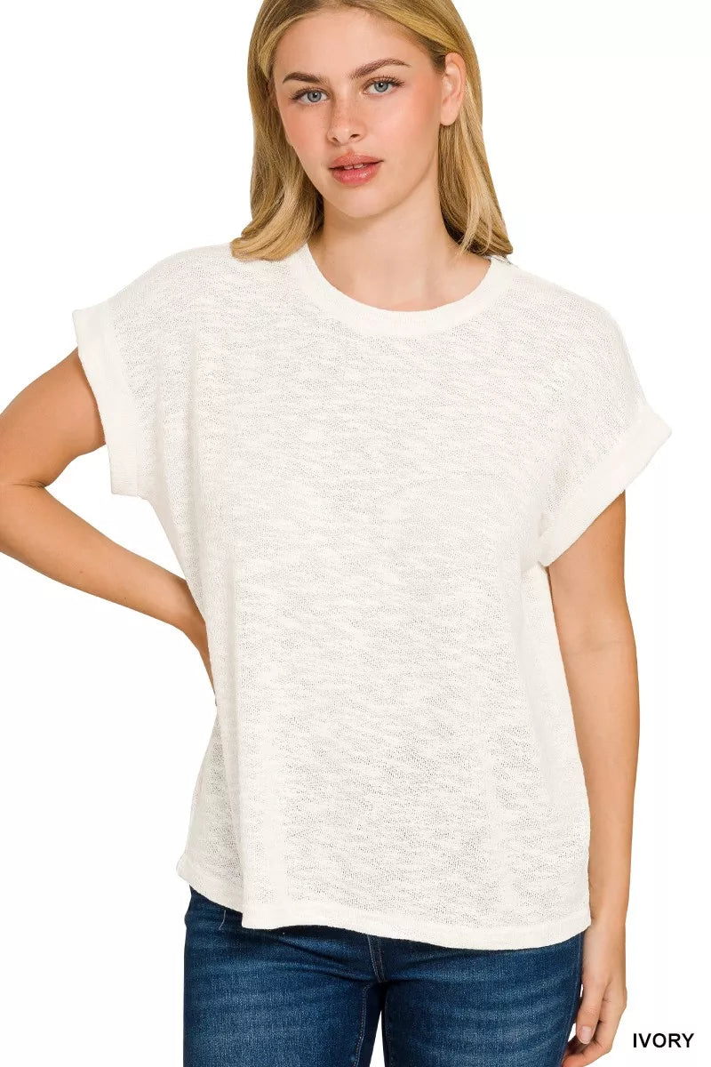 Ivory textured crew-neck tee with rolled short sleeves, draped front