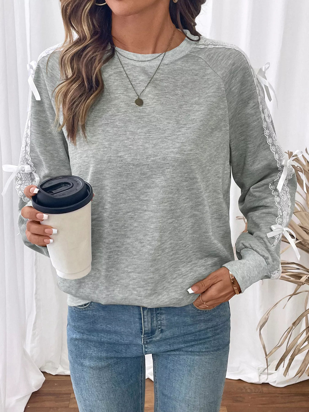 Lace Detail Round Neck Sweatshirt – Feminine Casual Style