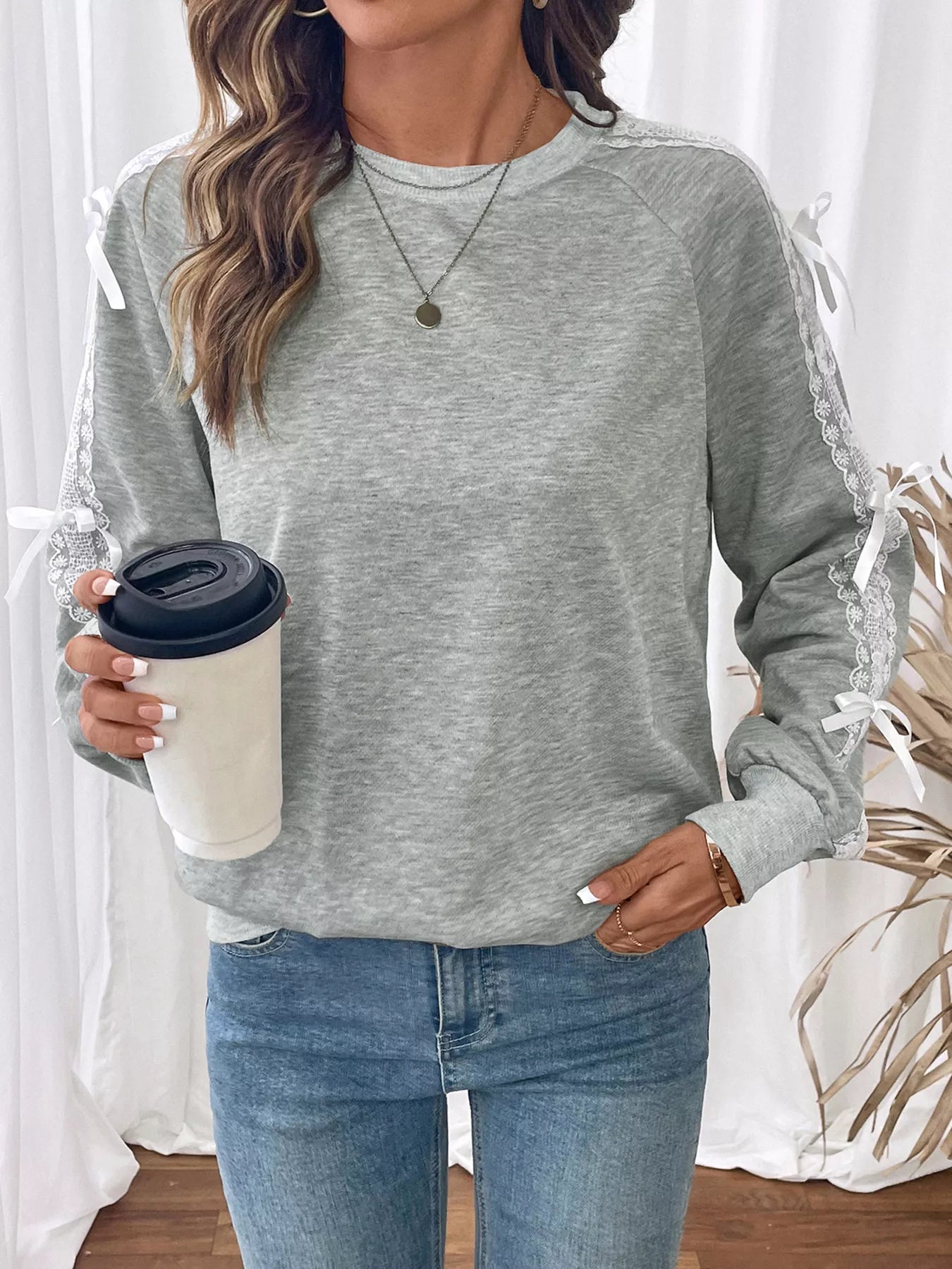 Lace Detail Round Neck Sweatshirt – Feminine Casual Style