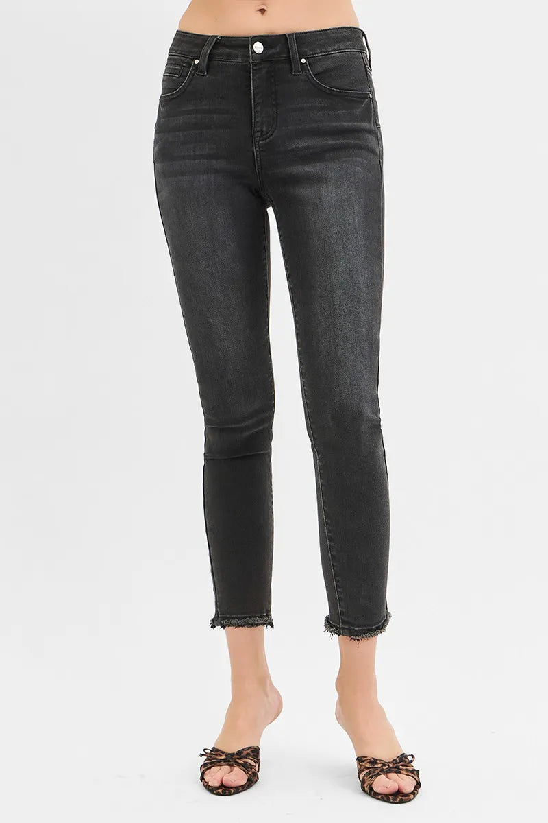 Dreamkue-Risen Women's Tummy Control Mid Rise Crop Skinny Jeans Shaping Stretch Denim Pants