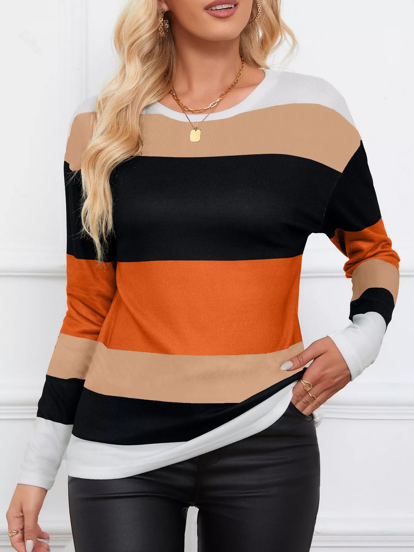 Leopard Color Block Striped Knit Top – Trendy Casual Style