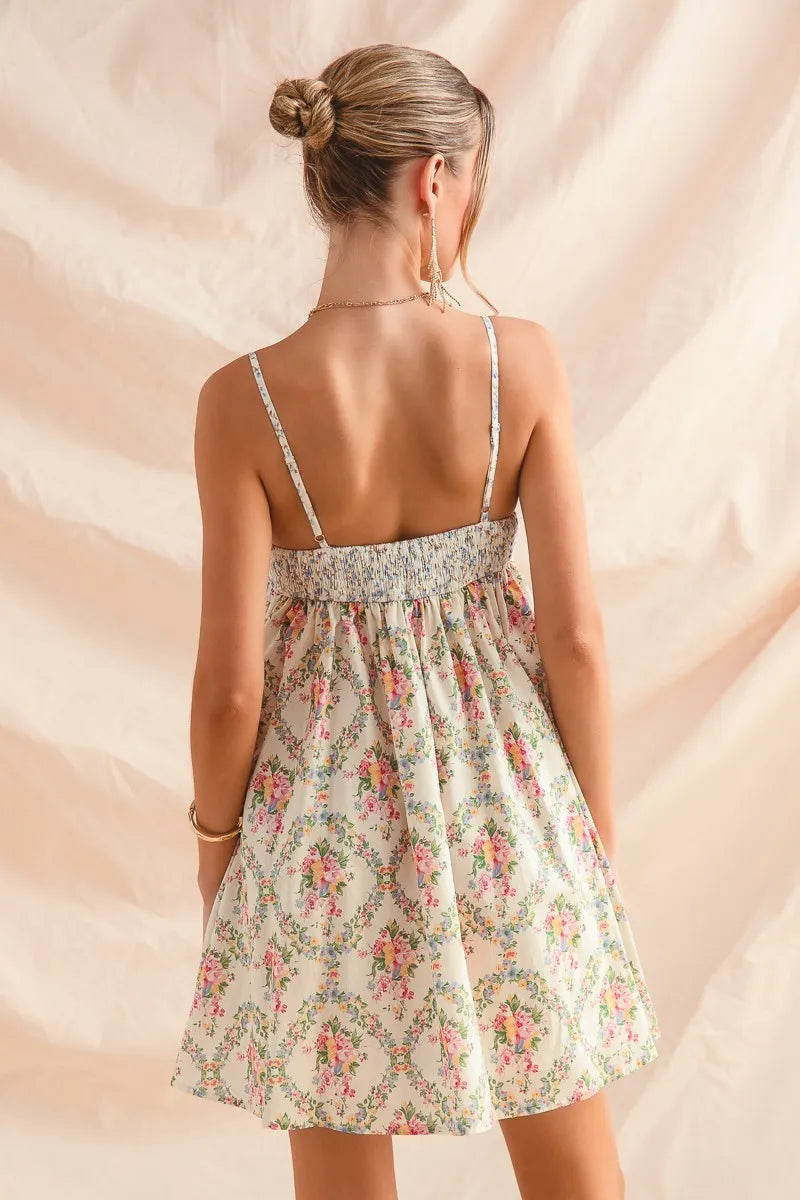 Romantic Floral Cami Dress with Lace Trim & Tiered Ruffle Skirt