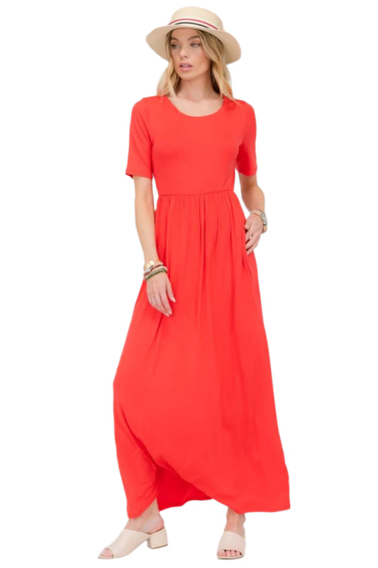 Celeste Round Neck Short Sleeve Maxi Dress with Pockets
