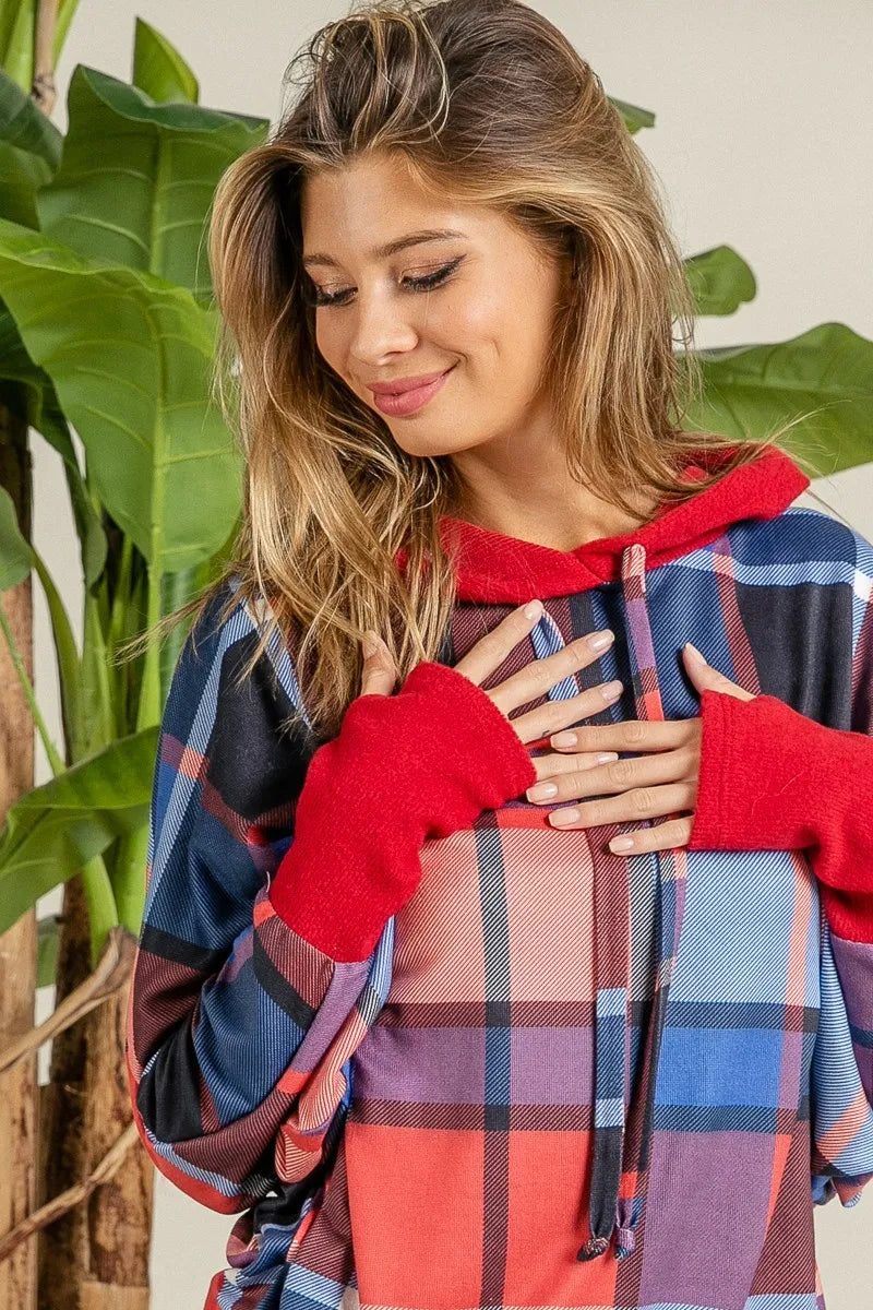 Plaid Brushed Rib Contrast Thumb Open Hoodie – Cozy Casual Layer