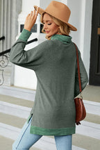 Green mock neck long sleeve tee with slit hem and contrast hem band