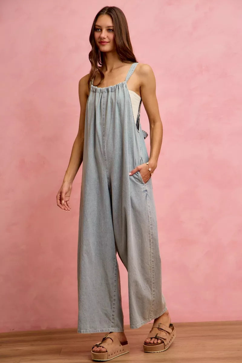 Light denim wide-leg overalls with scoop neckline and adjustable straps