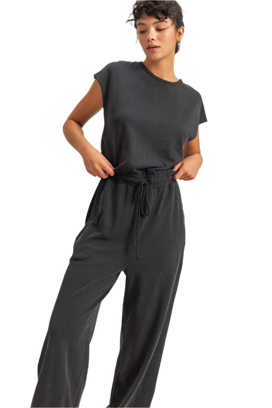 HYFVE Back Keyhole Round Neck Cap Sleeve Drawstring Jumpsuit