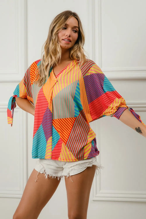 Geometric Print V-Neck Blouse – Colorful, Lightweight & Feminine
