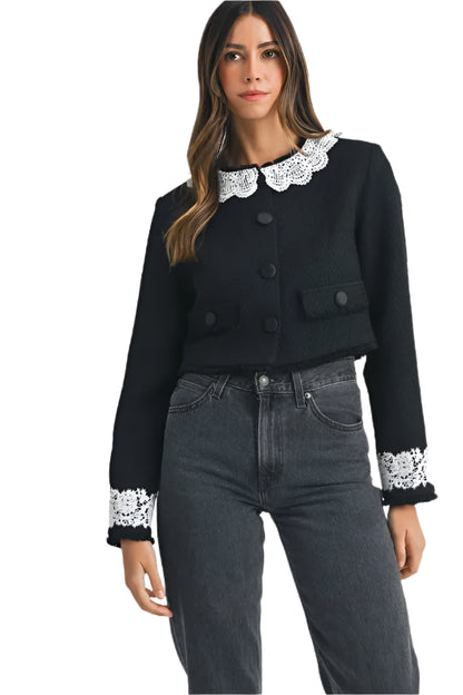MABLE Lace Trim Collar Tweed Crop Jacket