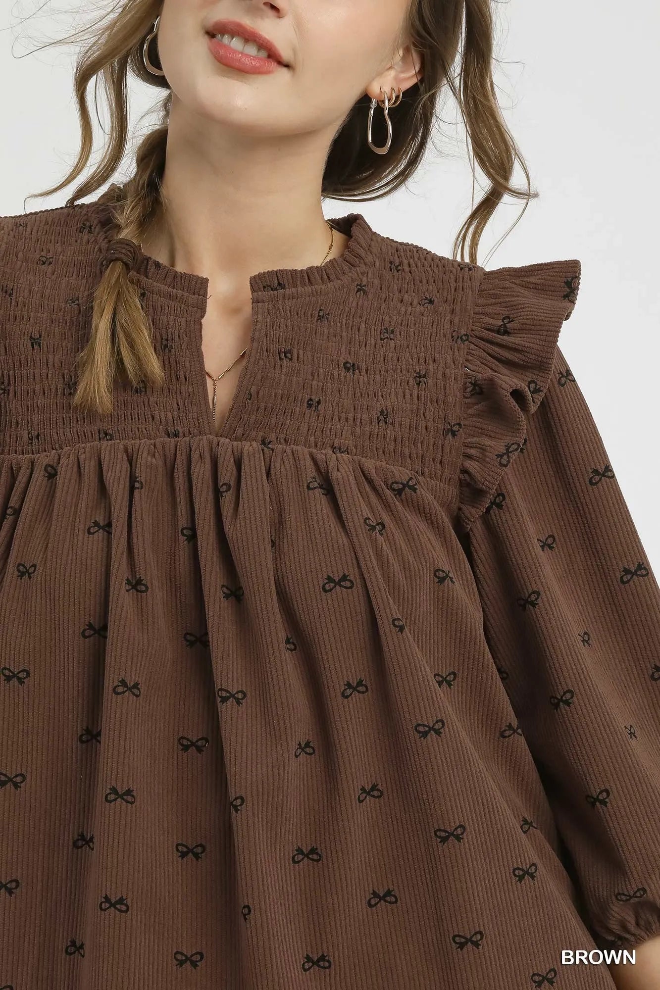 Bow Print Corduroy Puff Sleeve Blouse – Ruffled Feminine Top