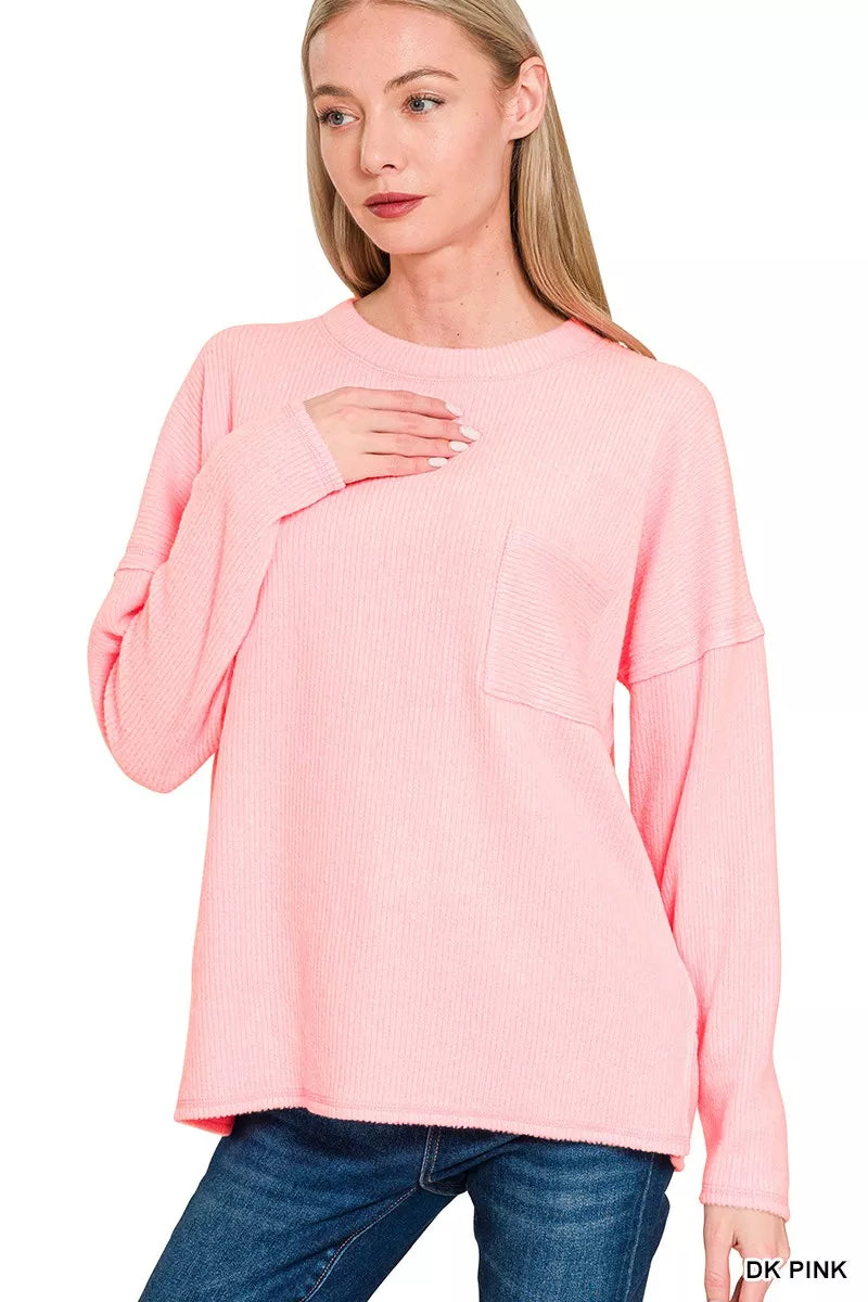 Zenana Ribbed Brushed Melange Hacci Sweater with Pocket – Cozy & Stylish Knit