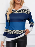 Leopard Color Block Striped Knit Top – Trendy Casual Style