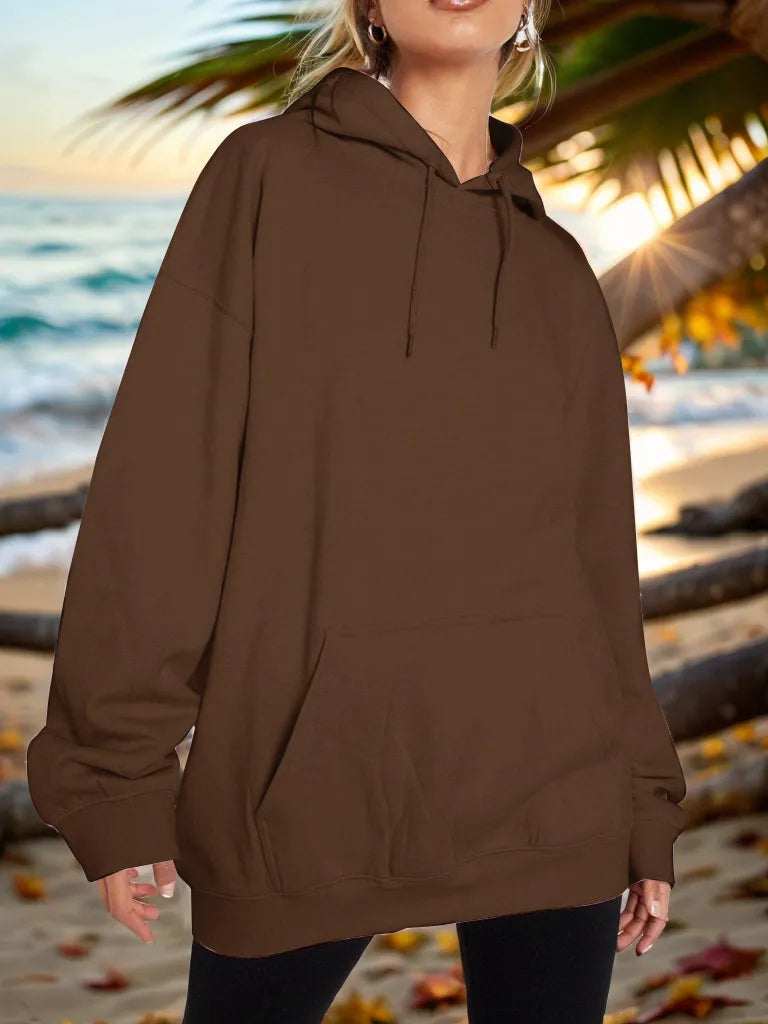 Chocolate brown drawstring dropped-shoulder hoodie with hood and front kangaroo pocket
