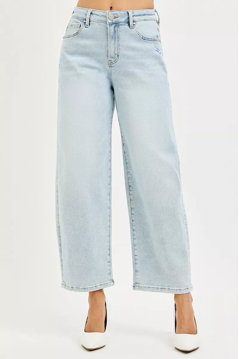 Light wash high-rise crop barrel jeans with button fly and wide leg