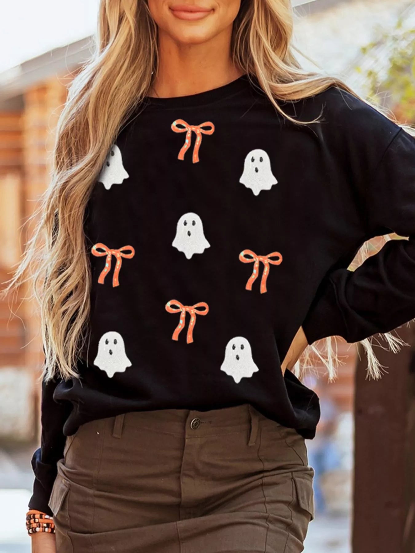 Halloween Ghost Bow Sequin Patched Sweatshirt – Festive Drop Shoulder