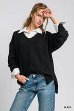 Umgee Wool Blend Pullover Sweater – Cozy V-Neck Loose Fit Knit