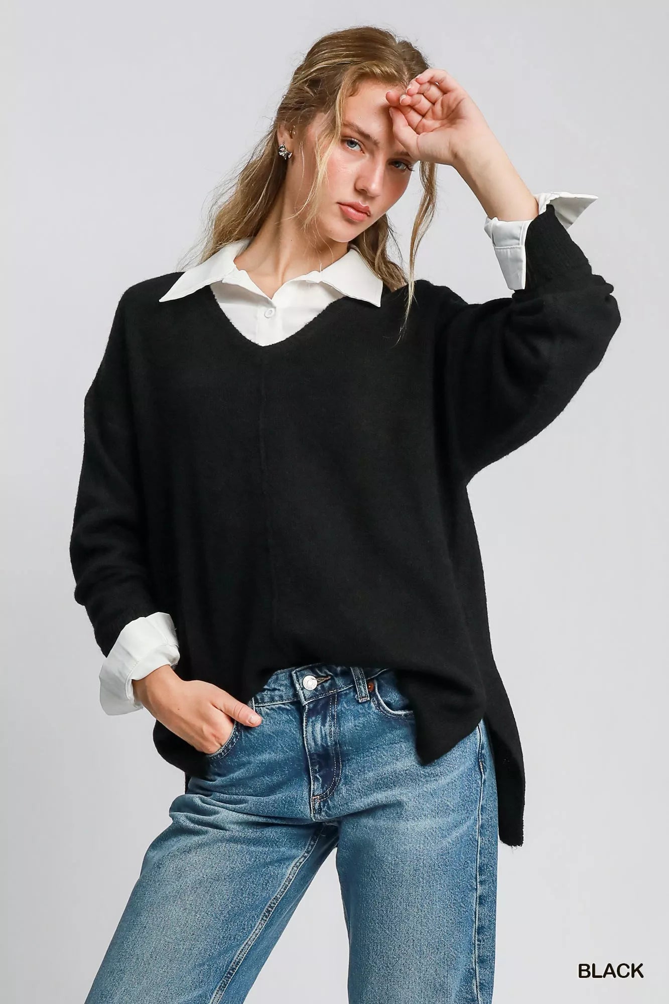 Umgee Wool Blend Pullover Sweater – Cozy V-Neck Loose Fit Knit