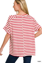 Ruby red and white striped round-neck tee, short sleeves, longer back hem