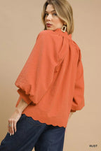 Umgee Textured Blouse with Balloon Sleeves & Scalloped Hem