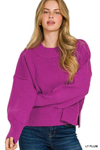 Purple Ribbed Cropped Pullover Sweater – Oversized Fit, Soft Knit