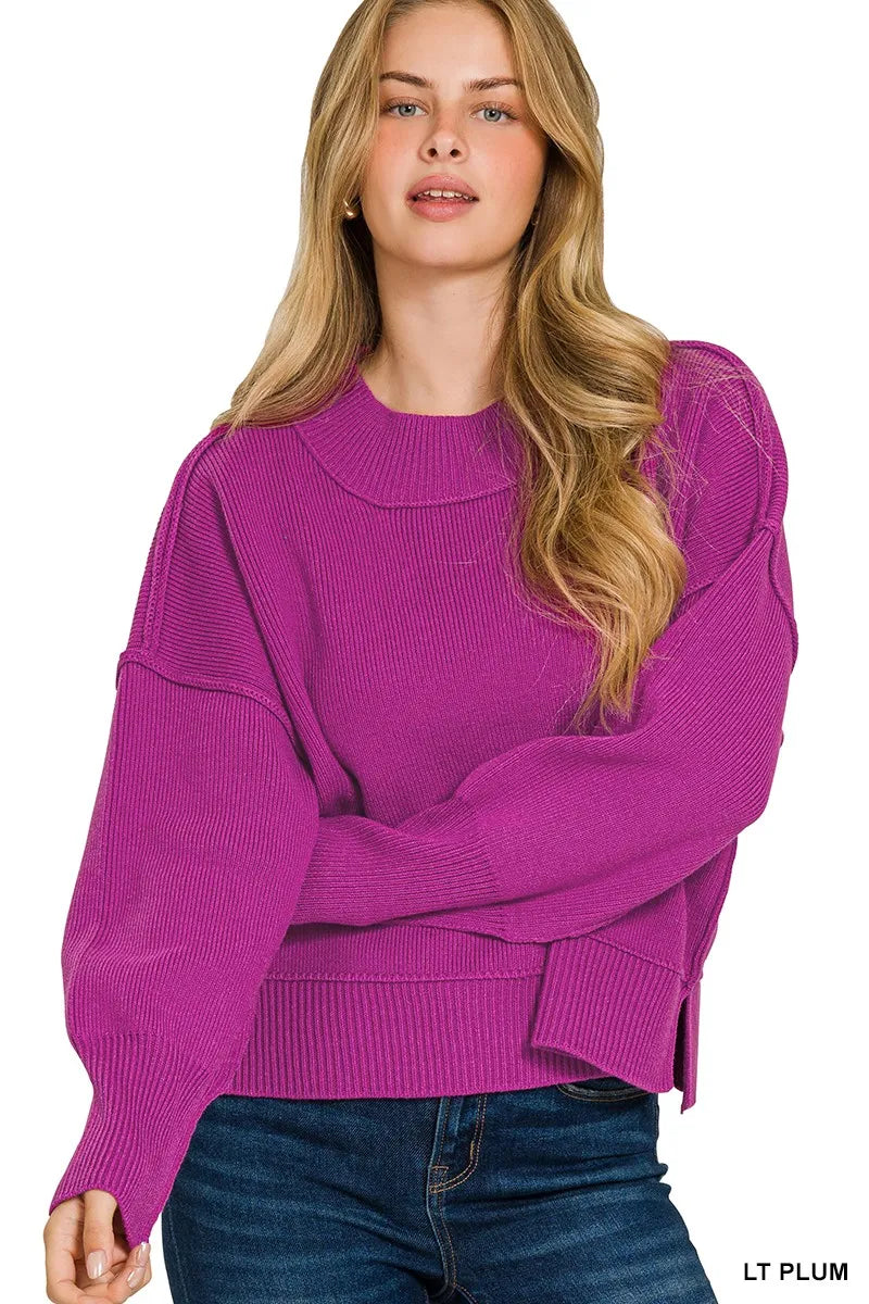 Purple Ribbed Cropped Pullover Sweater – Oversized Fit, Soft Knit