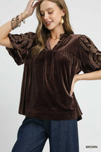Bohemian Velvet Blouse with Embroidered Sleeves Brown Elegant Top