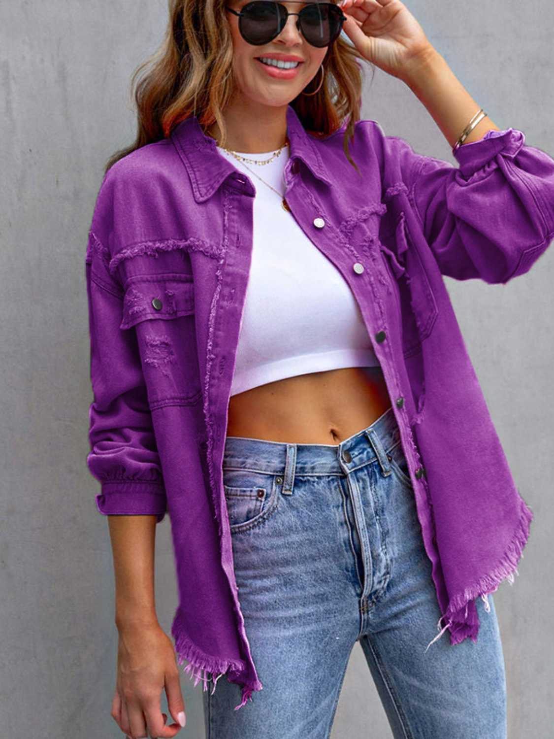 Distressed Drop Shoulder Denim Jacket – Casual Oversized Style