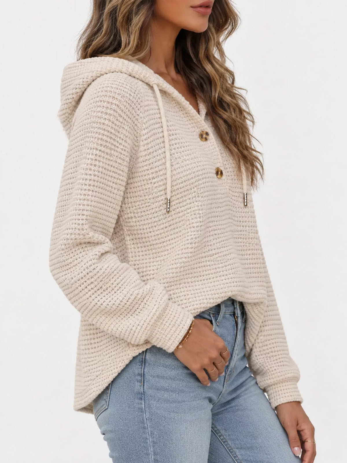 Cream waffle-knit hooded button pullover with long sleeves