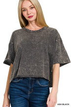 Charcoal acid-wash cropped T-shirt, oversized crew neck, short bell sleeves