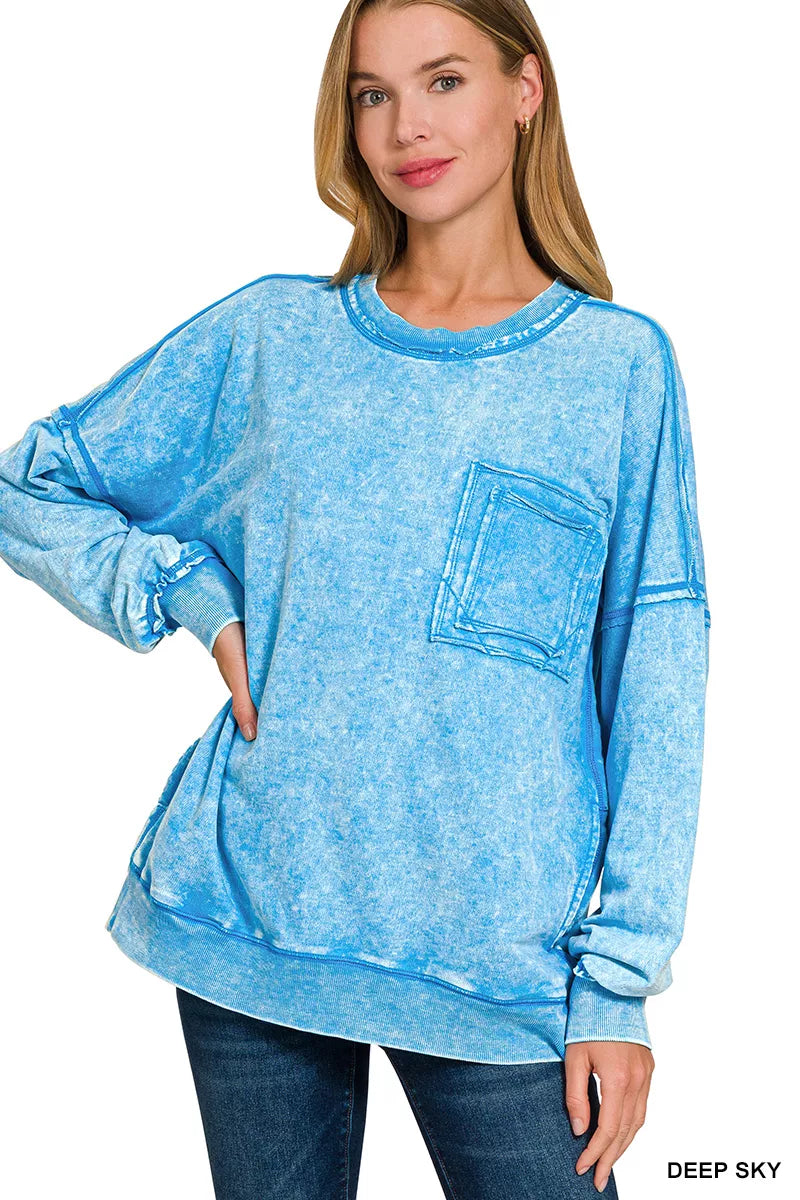 Women's blue acid-wash pullover sweatshirt, long sleeves, crew neck, front pocket detail