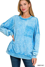 Women's blue acid-wash pullover sweatshirt, long sleeves, crew neck, front pocket detail