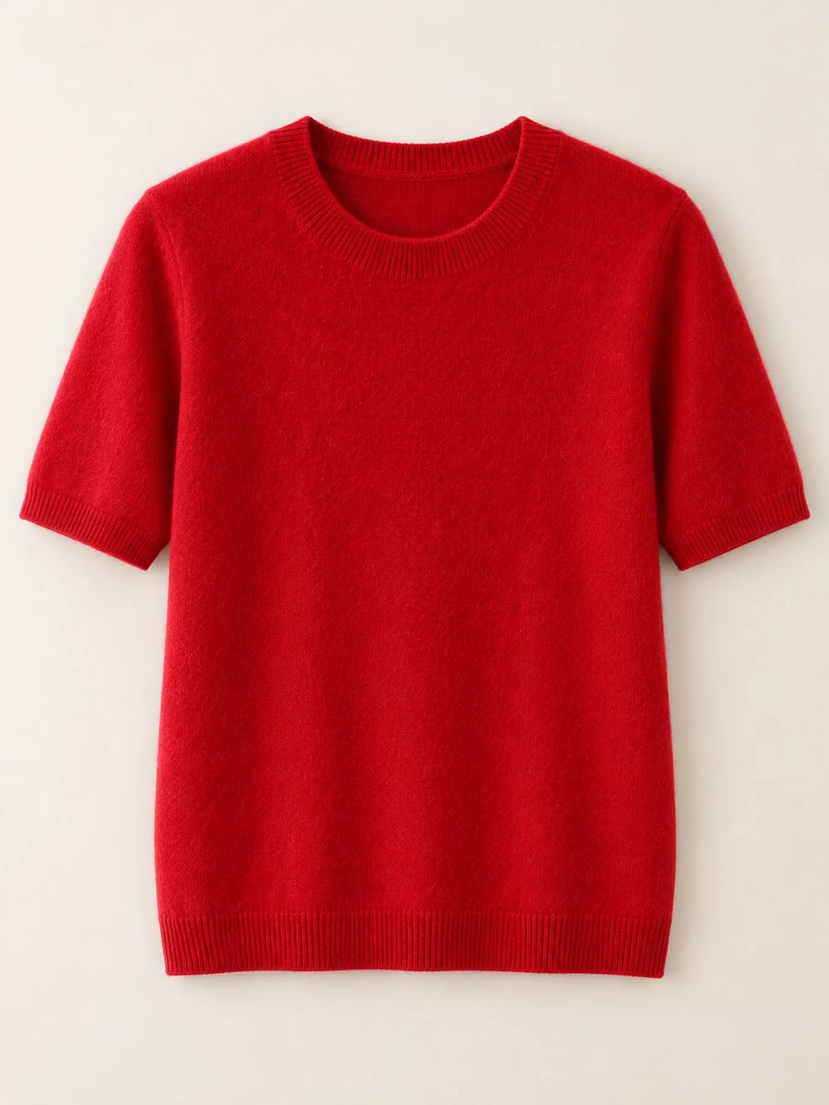 Bright red round-neck short-sleeve sweater, front view with ribbed edges