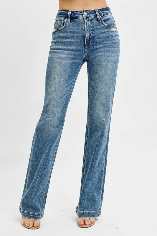 Dreamkue-Risen Women's Distressed Bootcut Jeans High Waist Stretch Denim Pants