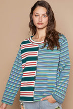 Color Block Striped Round Neck Long Sleeve T-Shirt – Casual Chic
