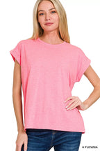 Zenana Round Neck Folded Short Sleeve T-Shirt – Soft, Casual Everyday Basic