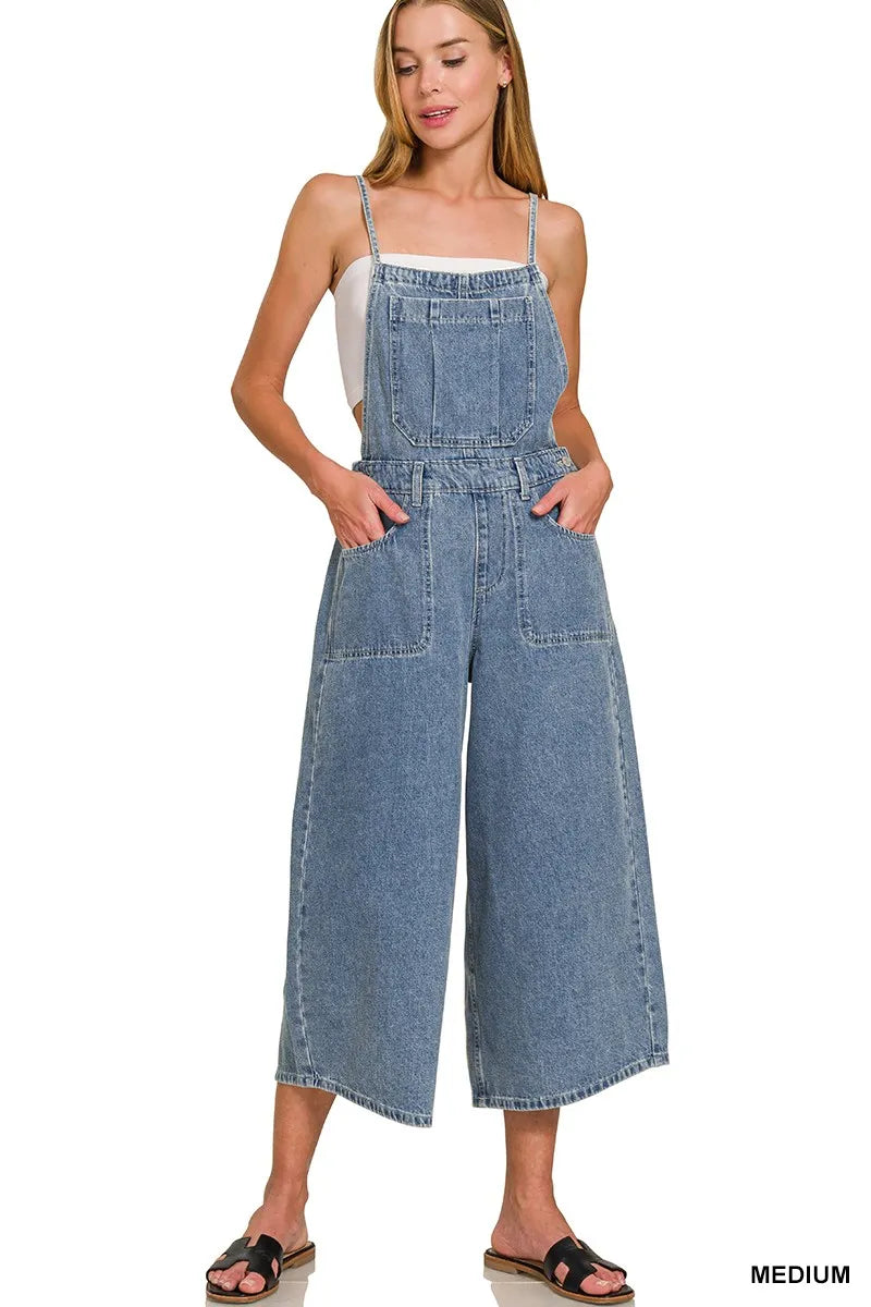 Medium Washed Wide Leg Denim Overalls | Women’s Retro Casual Jeans