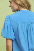 Ocean blue gathered-back button-down puff sleeve shirt