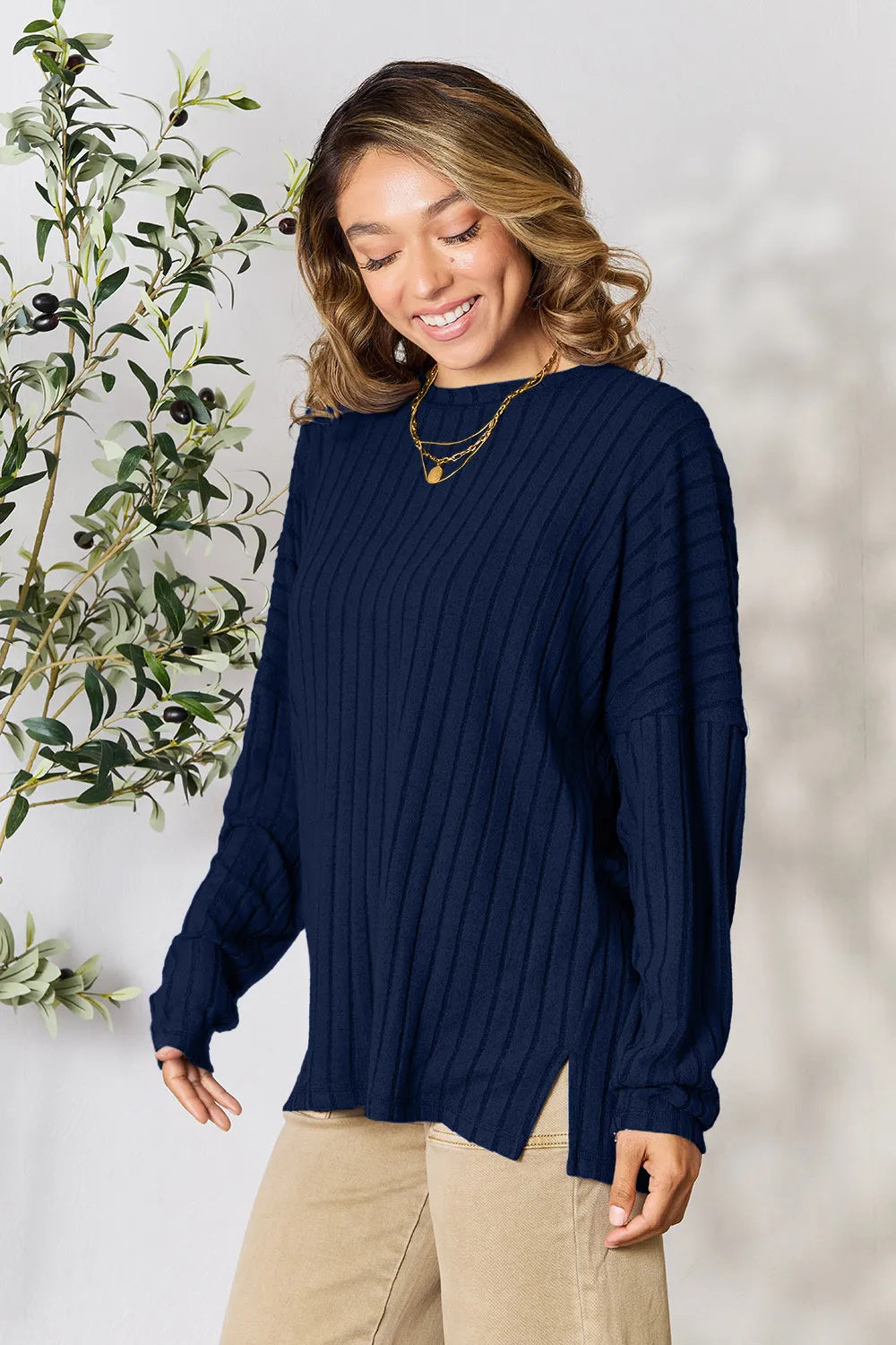 Ribbed Round Neck Slit Knit Top – Chic, Cozy & Versatile