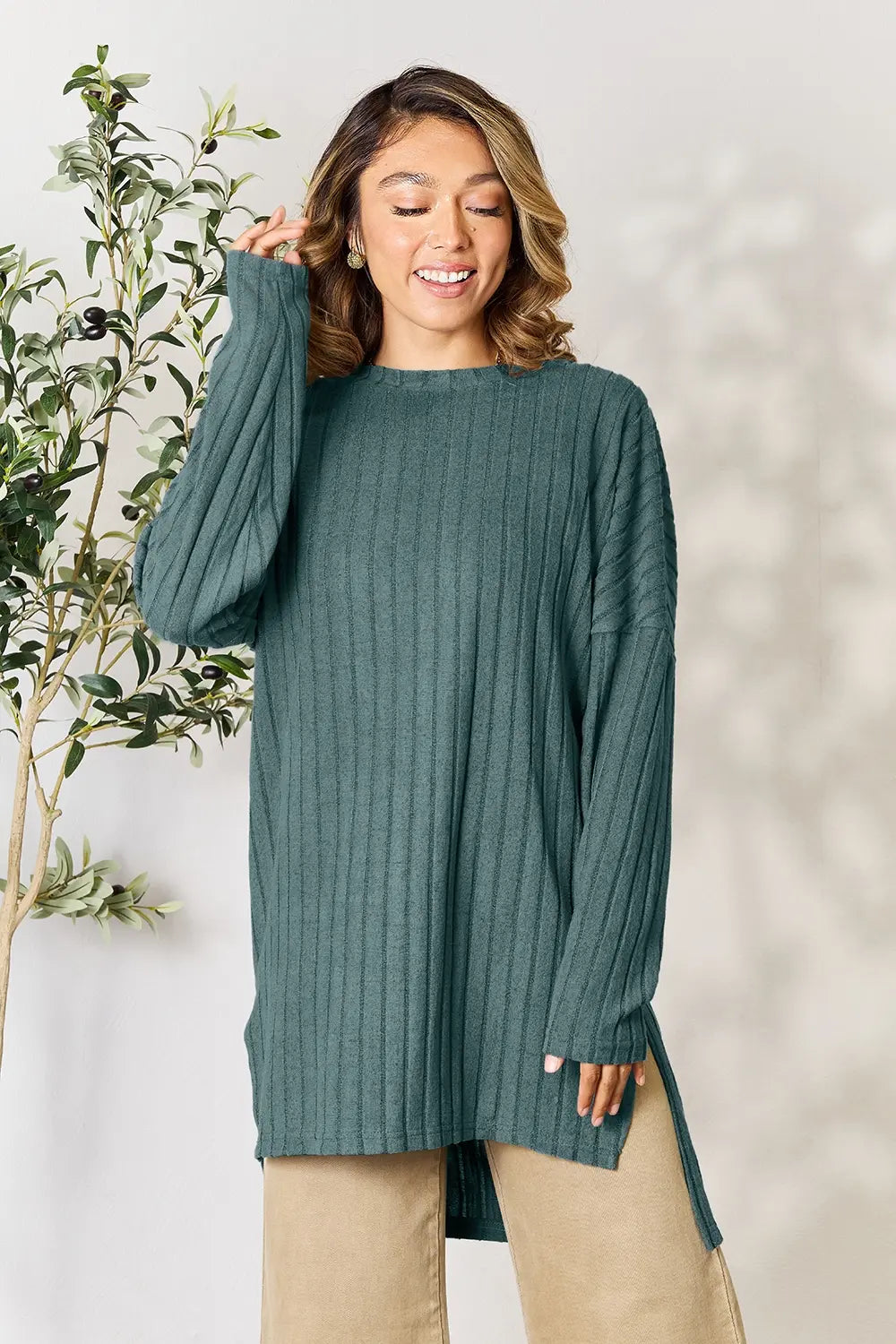 Ribbed Round Neck Slit Top – Chic, Comfy & Flattering