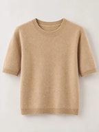 Camel tan round-neck short-sleeve sweater with ribbed crew neck and straight hem