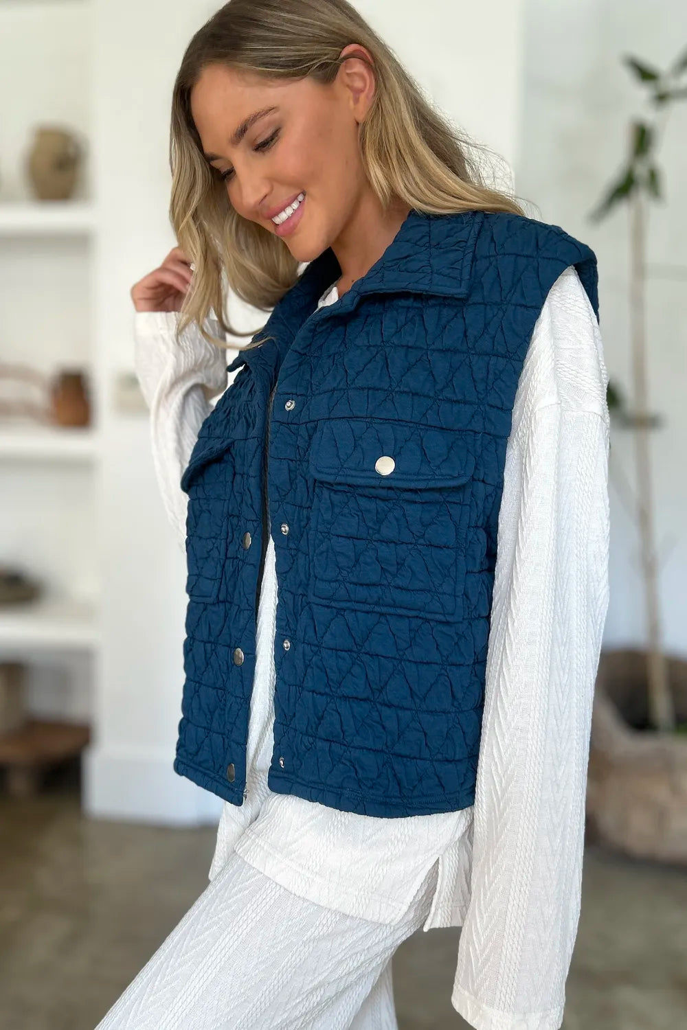 Double Take Full Size Snap Down Textured Vest Coat with Pockets