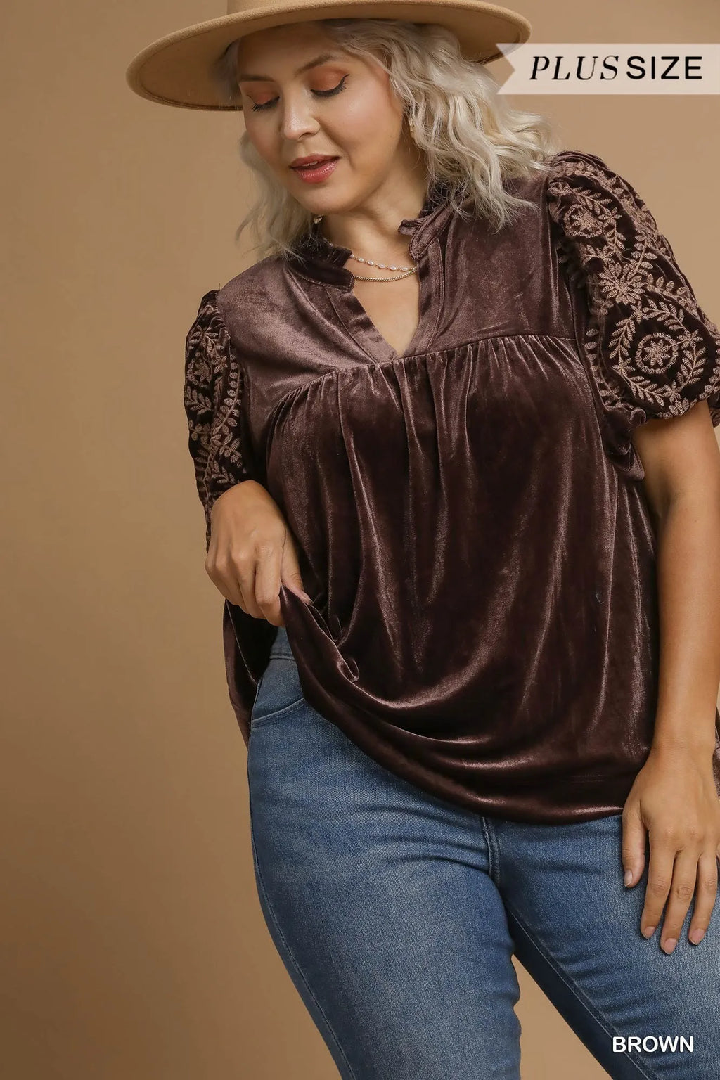 Bohemian Velvet Blouse with Embroidered Sleeves Brown Elegant Top