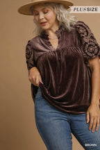 Bohemian Velvet Blouse with Embroidered Sleeves Brown Elegant Top