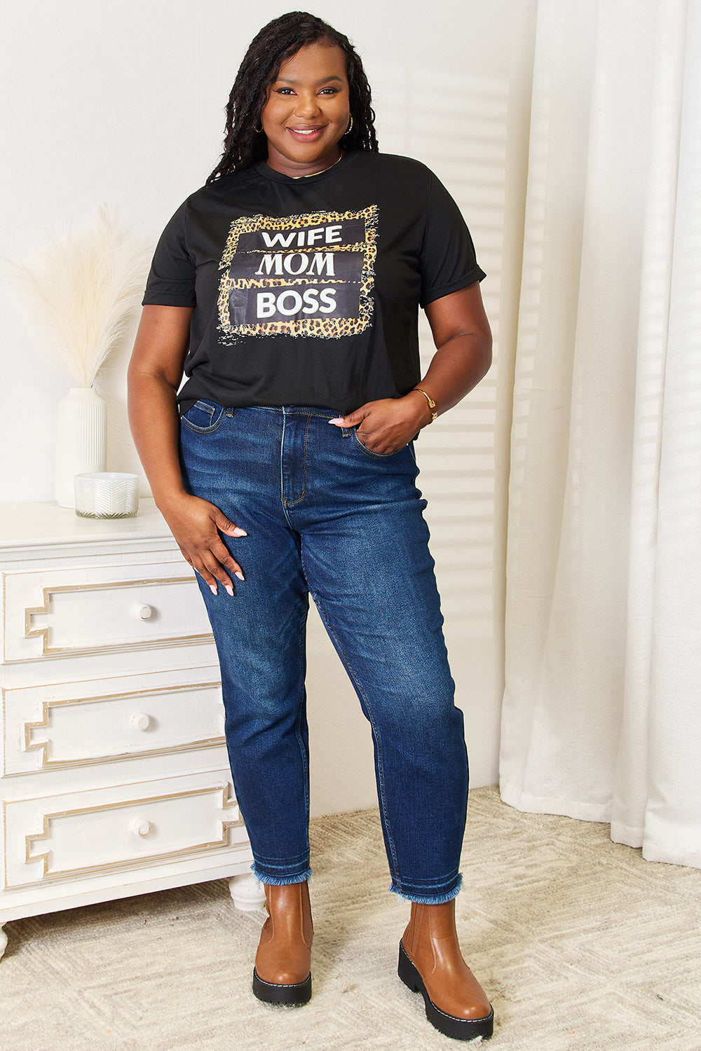 WIFE MOM BOSS Leopard Graphic T-Shirt Bold & Empowering Casual Tee