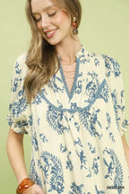 Flowy V-neck dress with lace scallop trim, blue paisley print, gathered sleeves