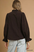 Corduroy Ruffle Shirt with Puff Sleeves – Chic Fall Fashion Top