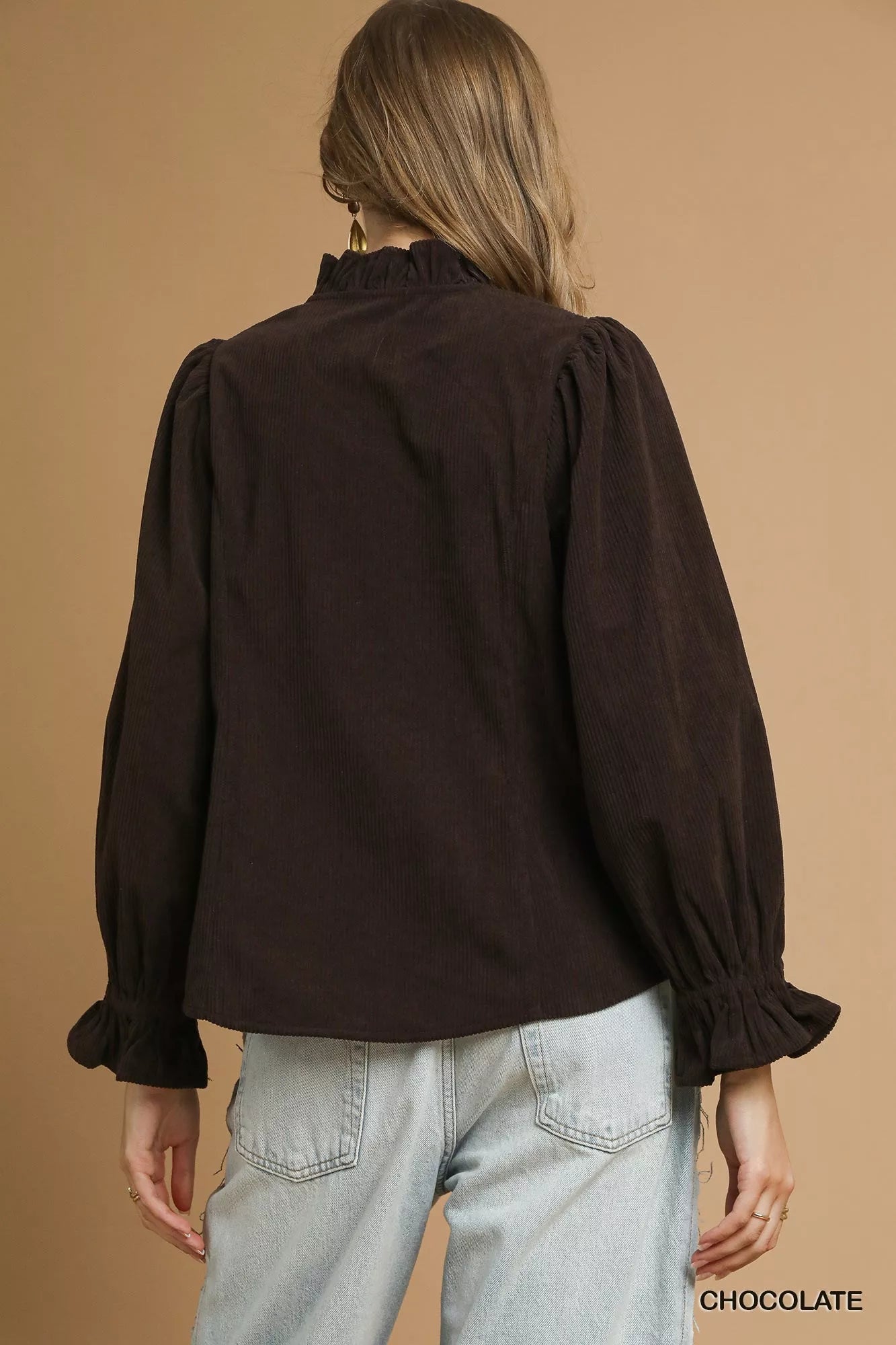 Corduroy Ruffle Shirt with Puff Sleeves – Chic Fall Fashion Top