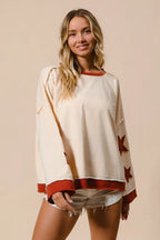 Oversized Cream Sweatshirt with Red Star Graphics – Casual Streetwear